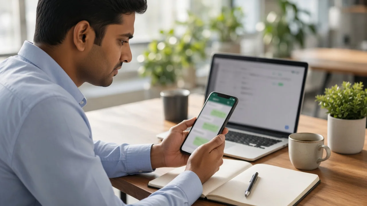 A sales lead checking a chat on his phone, with a notebook open beside him for the next step.
