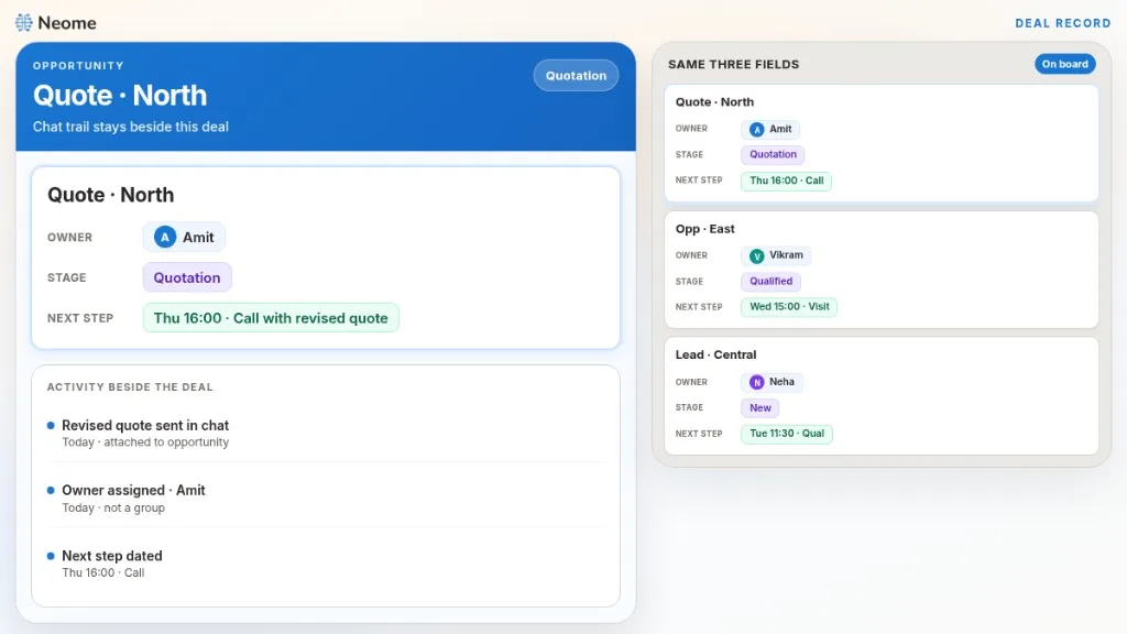 Deal card showing one owner name, one stage, and one next-step date.